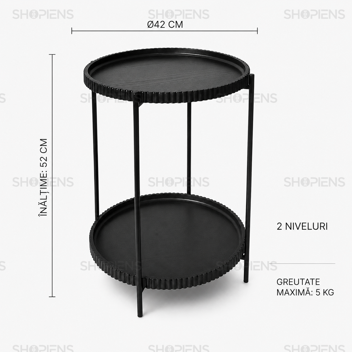 Masuta auxiliara cu 2 niveluri, negru, diametru 42cm, inaltime 52cm