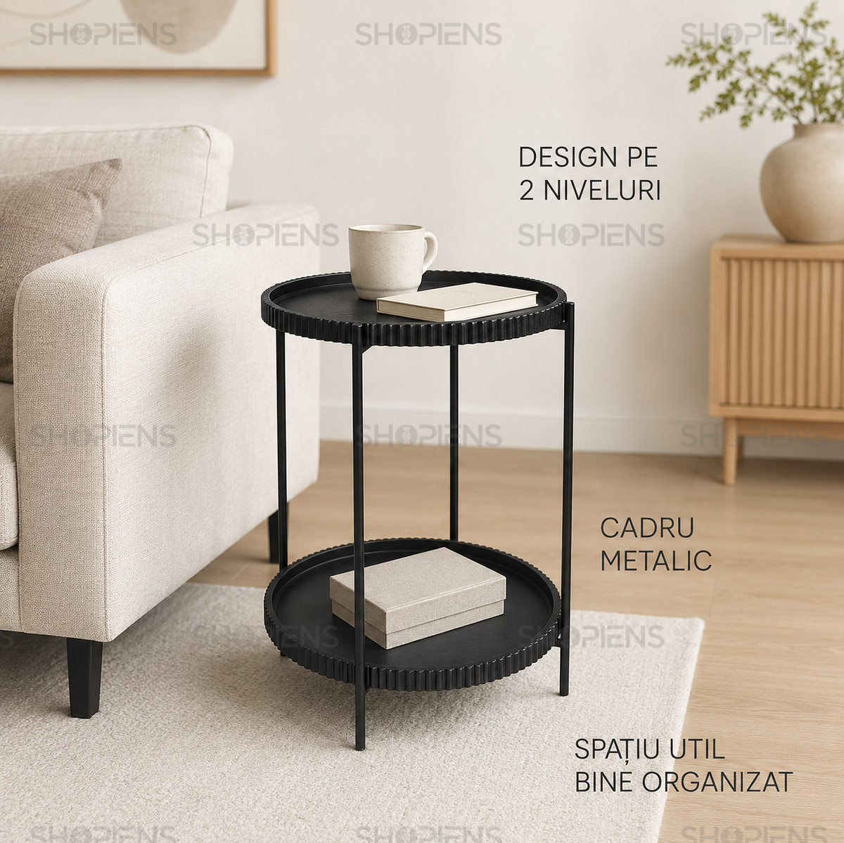 Masuta auxiliara cu 2 niveluri, negru, diametru 42cm, inaltime 52cm