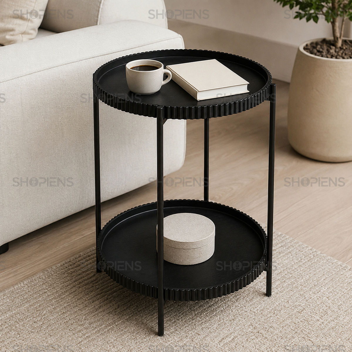 Masuta auxiliara cu 2 niveluri, negru, diametru 42cm, inaltime 52cm