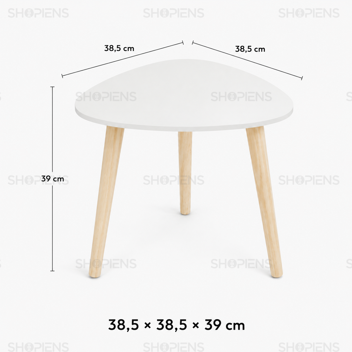 Masuta auxiliara cu blat triunghiular, alb si lemn, 38.5cm x 38.5cm x 39cm