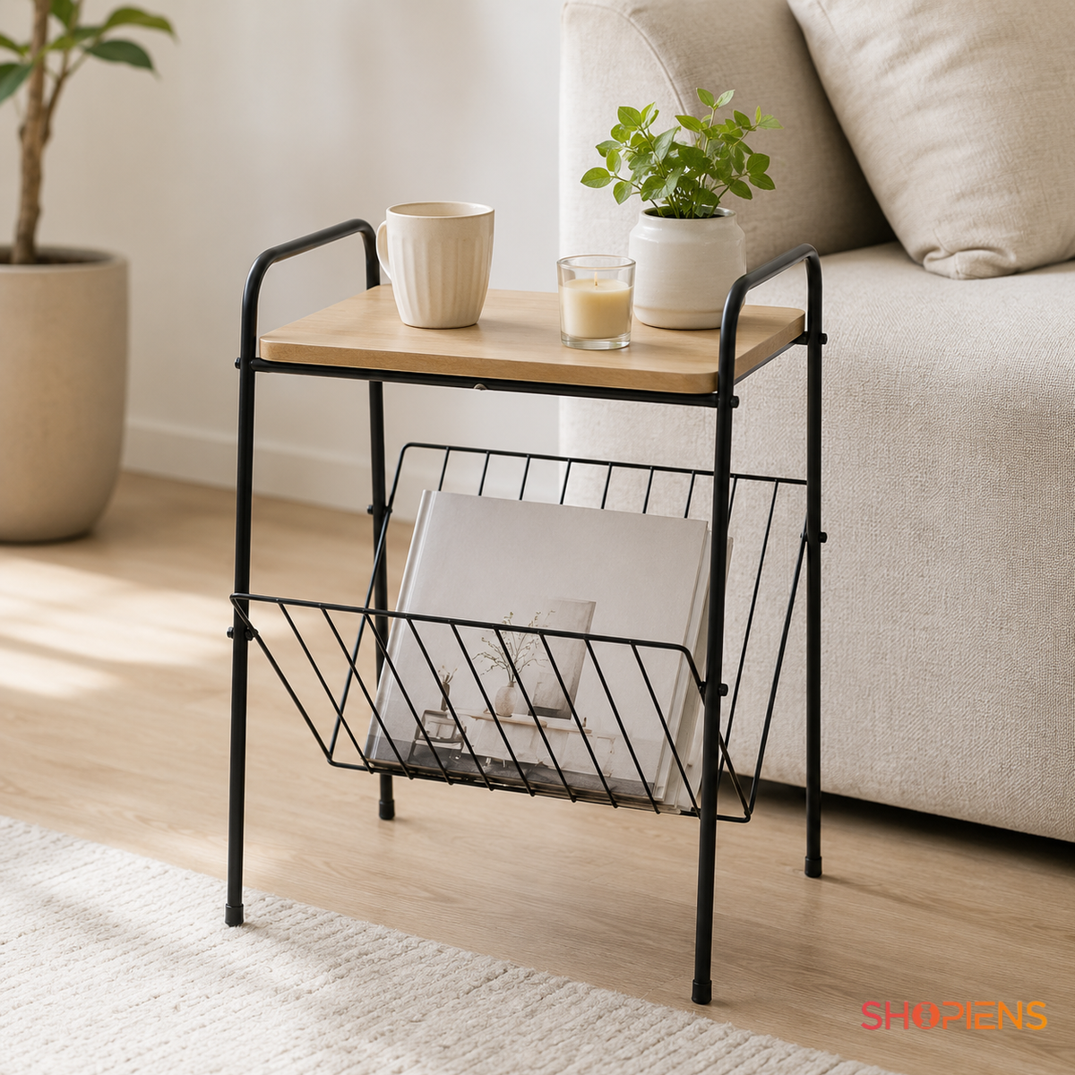 Masuta auxiliara cu raft pentru carti, lemn si negru, 36cm x 29cm x 46cm
