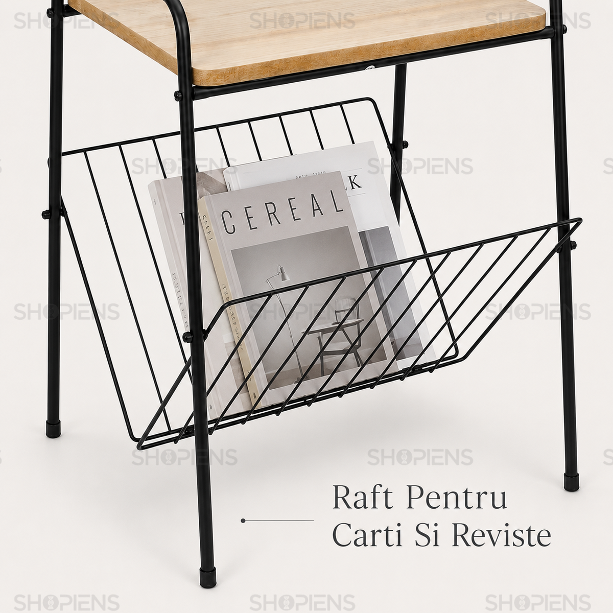Masuta auxiliara cu raft pentru carti, lemn si negru, 36cm x 29cm x 46cm