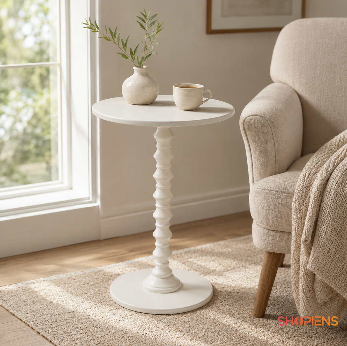 Masuta auxiliara rotunda cu picior central, off white, diametru 35cm, inaltime 50cm