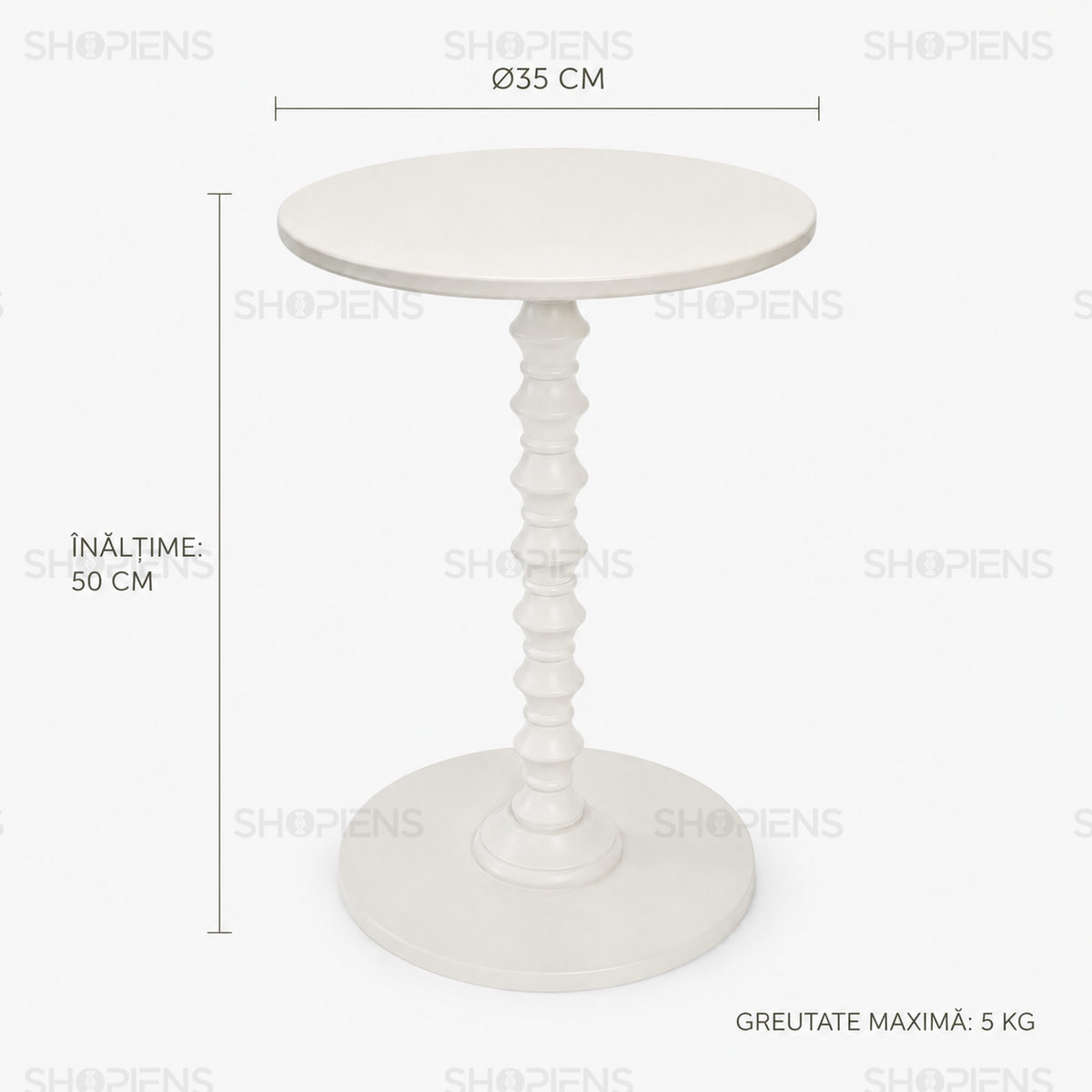 Masuta auxiliara rotunda cu picior central, off white, diametru 35cm, inaltime 50cm