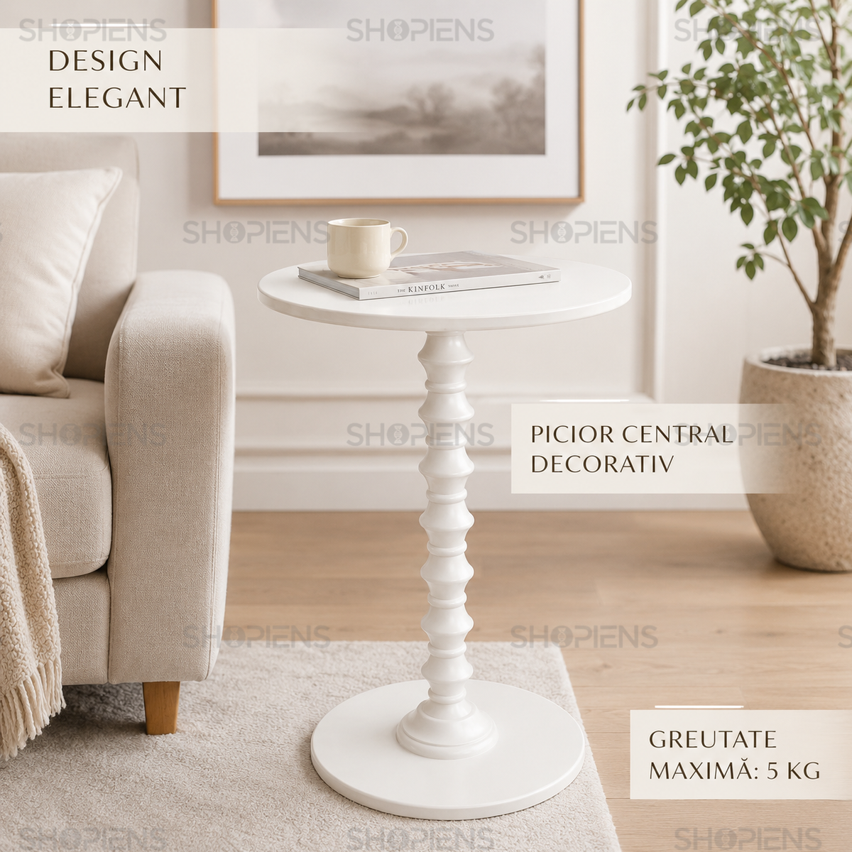 Masuta auxiliara rotunda cu picior central, off white, diametru 35cm, inaltime 50cm