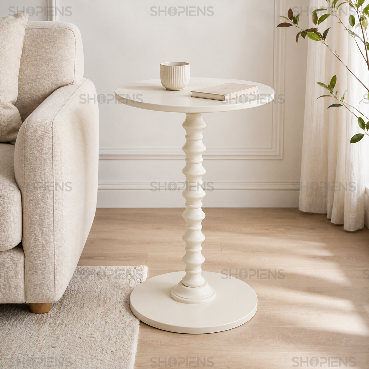 Masuta auxiliara rotunda cu picior central, off white, diametru 35cm, inaltime 50cm