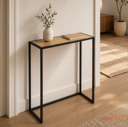 Masuta ingusta pentru canapea, lemn maro si negru, 56cm x 26cm x 66cm