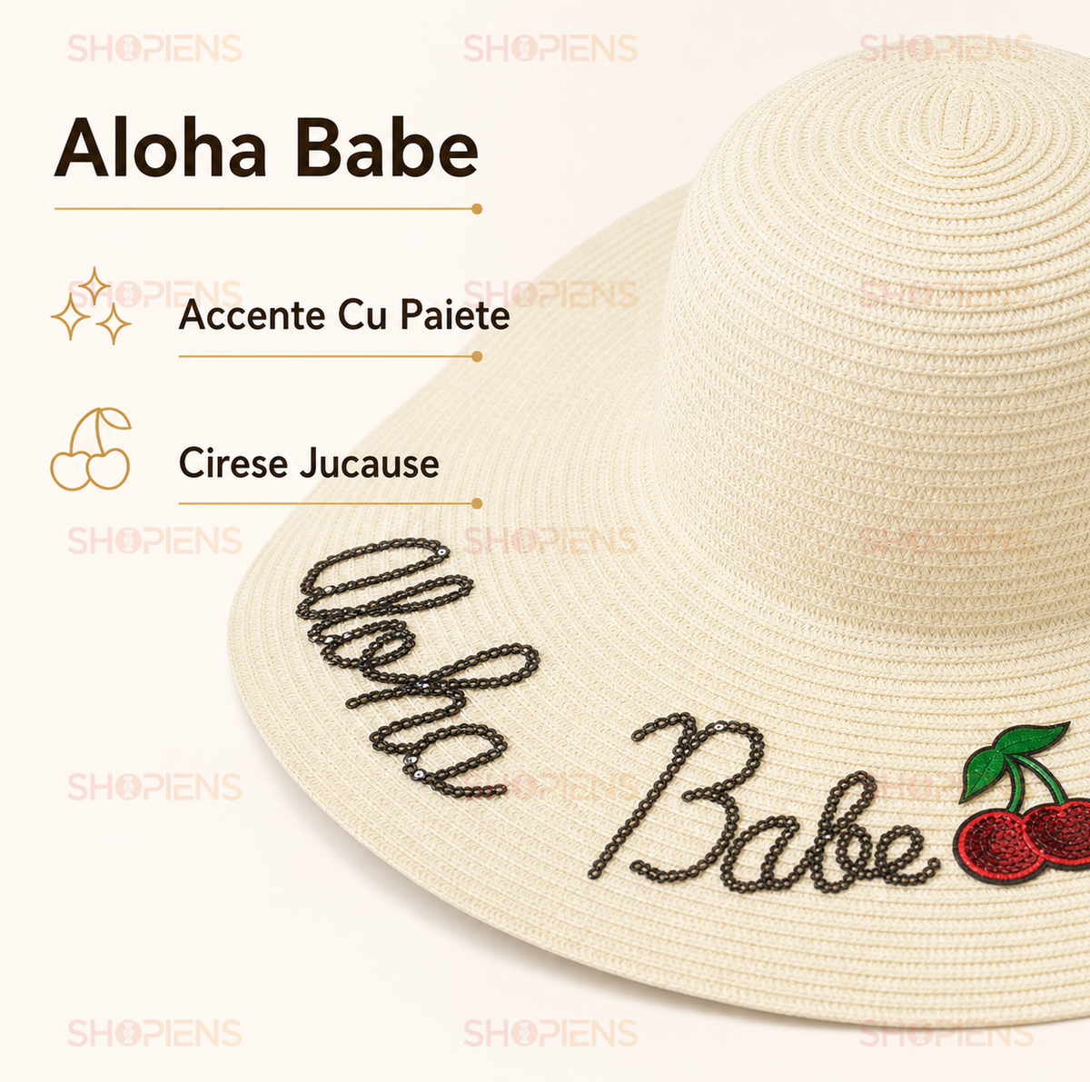 Palarie Ecru Din Paie Cu Mesaj Aloha Babe Si Cirese Rosii