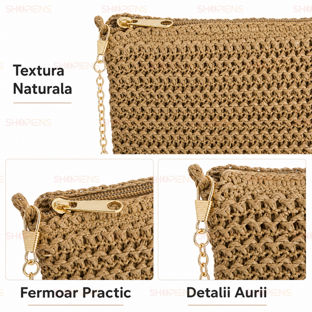 Plic Crossbody Din Paie Natur Cu Lant Auriu Detasabil