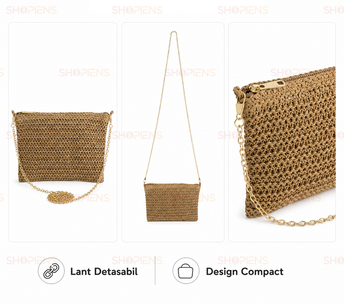 Plic Crossbody Din Paie Natur Cu Lant Auriu Detasabil