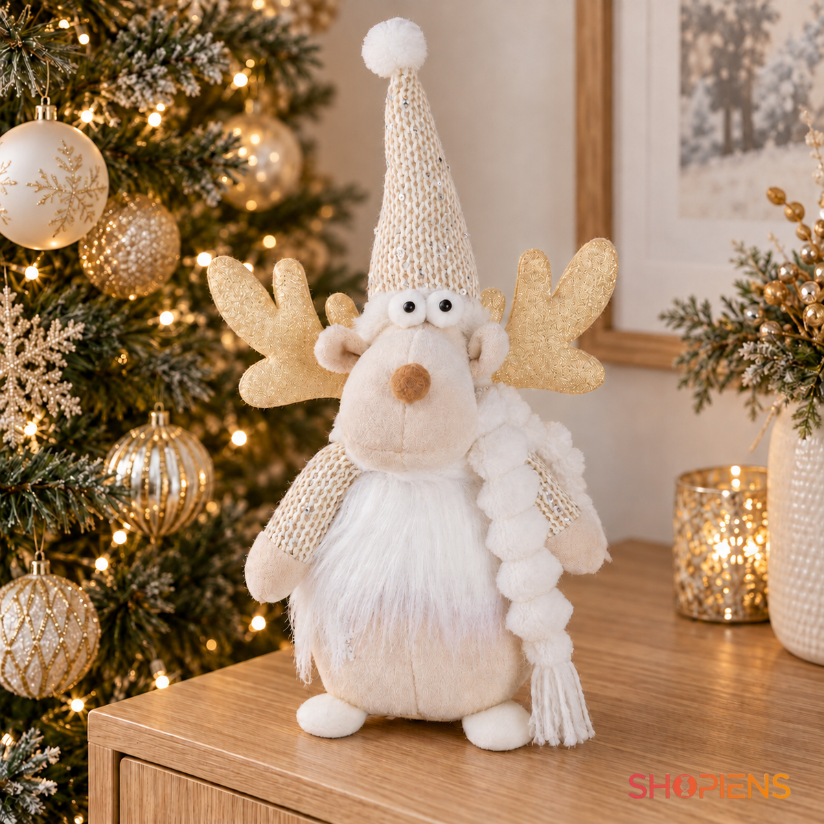 Ren decorativ ecru cu căciulă tricotată, 28 cm