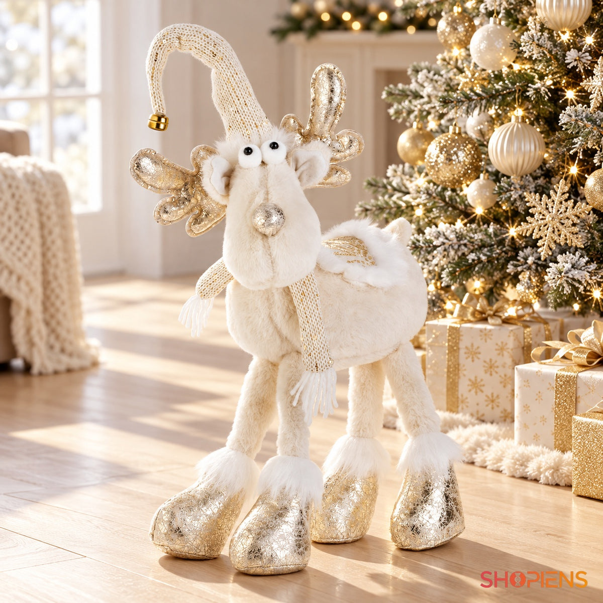 Ren decorativ alb cu paiete aurii, 64 cm
