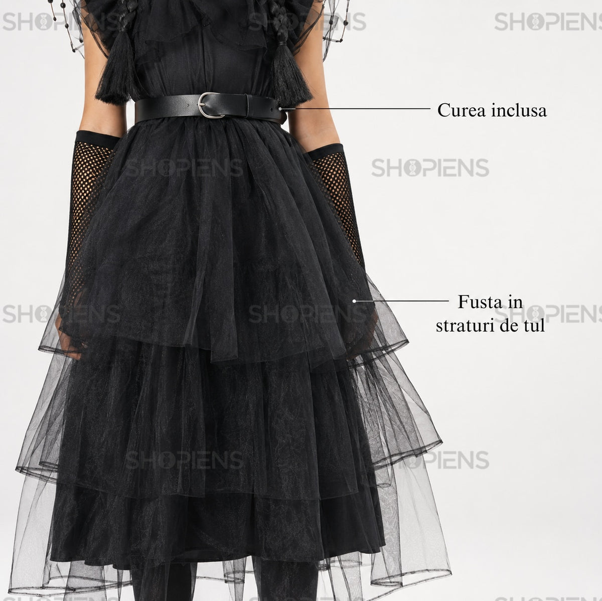 Costum Gothic negru pentru fete, 10 ani, cu rochie din tul și accesorii – imagine 7