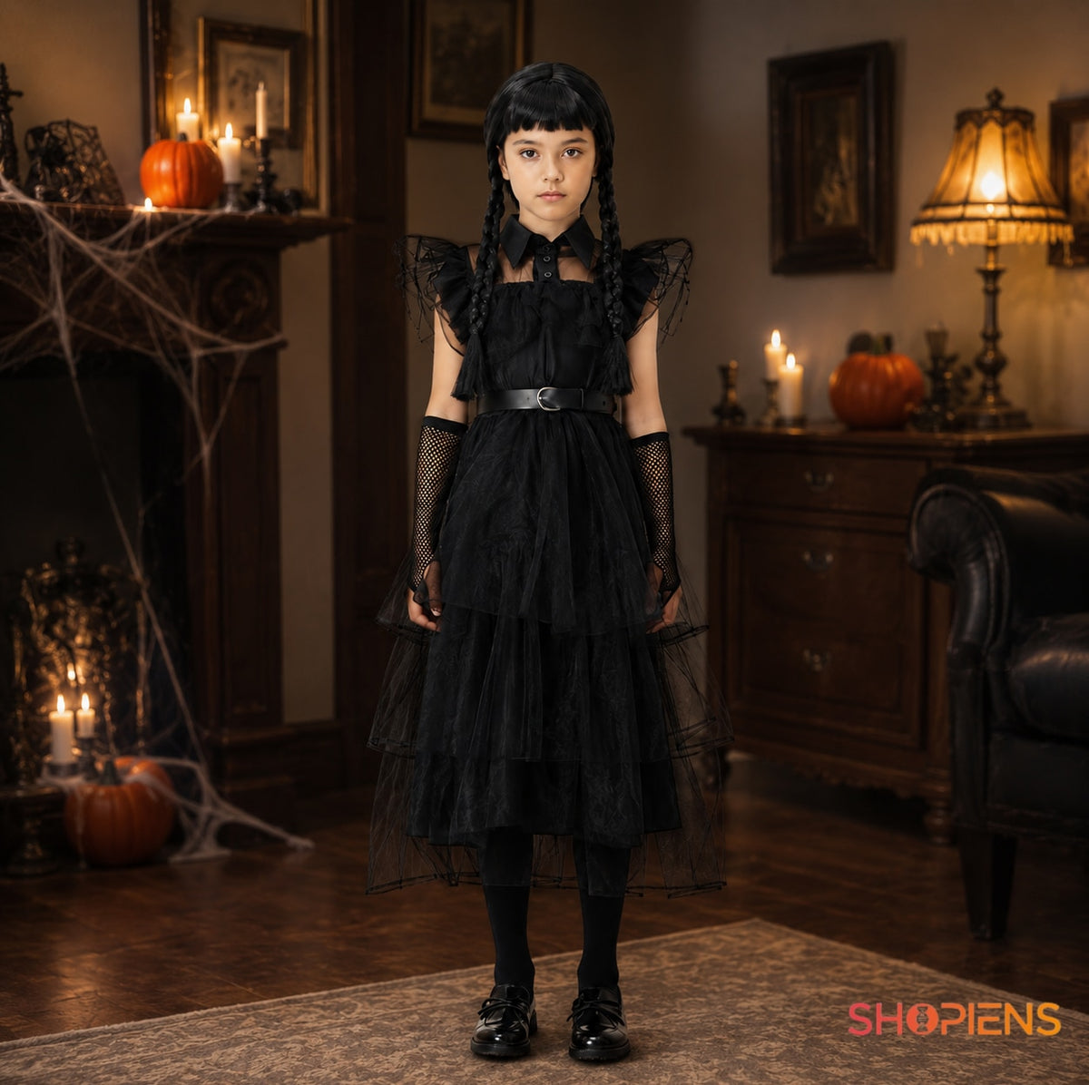 Costum Gothic negru pentru fete, 10 ani, cu rochie din tul și accesorii – imagine 1