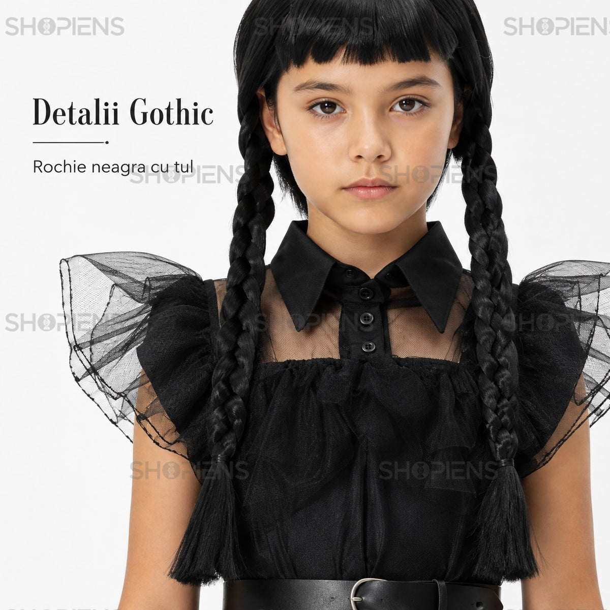 Costum Gothic negru pentru fete, 10 ani, cu rochie din tul și accesorii – imagine 6