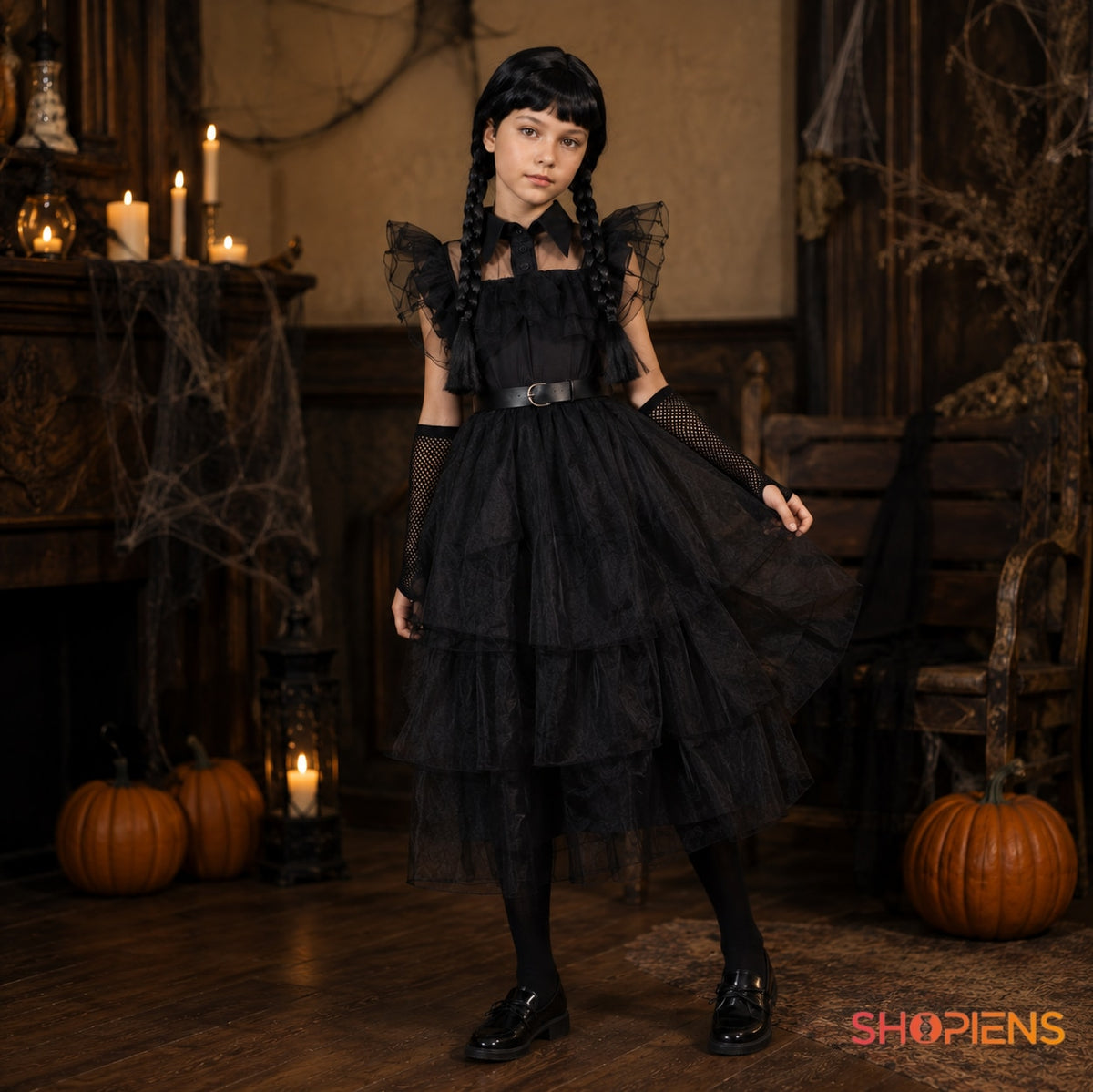 Costum Gothic negru pentru fete, 12 ani, cu rochie din tul și accesorii – imagine 1
