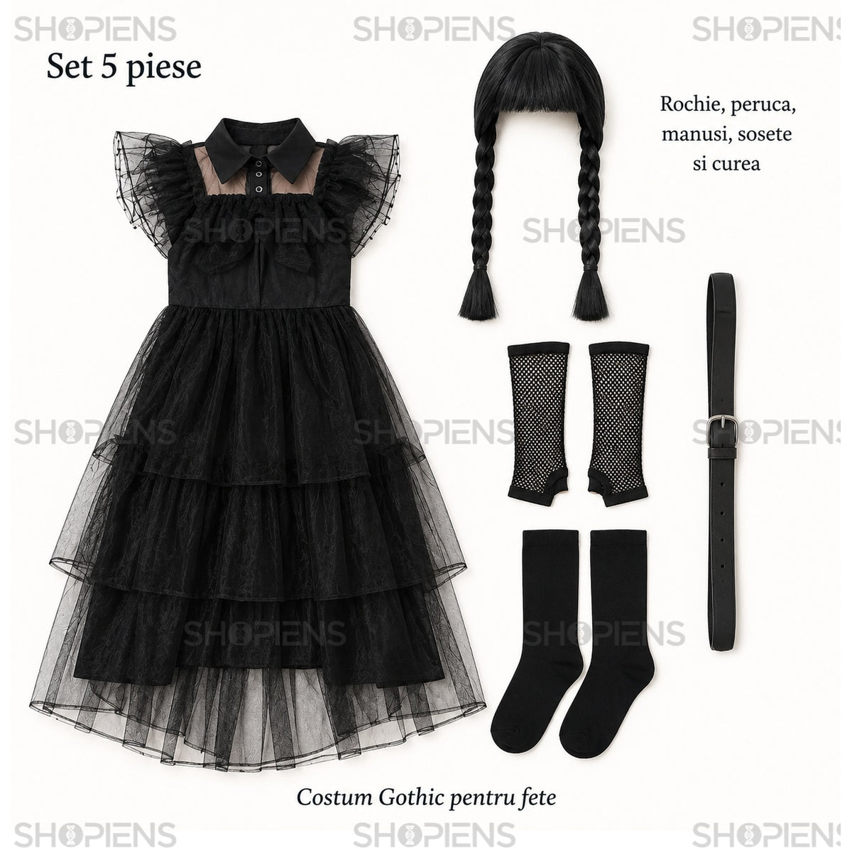 Costum Gothic negru pentru fete, 10 ani, cu rochie din tul și accesorii – imagine 5