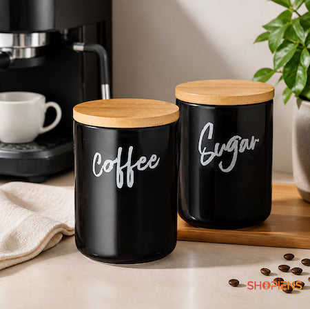 Set 2 borcane cafea si zahar din ceramica neagra, 800 ml, Shopiens