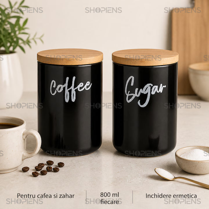 Set 2 borcane cafea si zahar din ceramica neagra, 800 ml, Shopiens