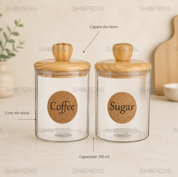 Set 2 borcane cafea si zahar din sticla transparenta, 700 ml, Shopiens