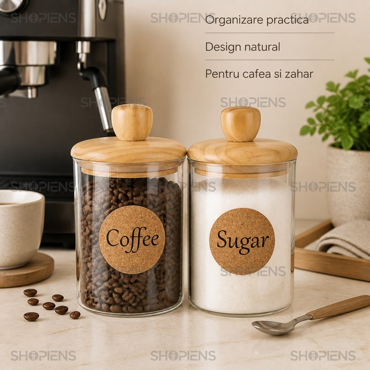 Set 2 borcane cafea si zahar din sticla transparenta, 700 ml, Shopiens