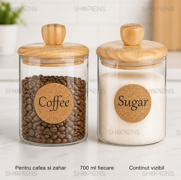 Set 2 borcane cafea si zahar din sticla transparenta, 700 ml, Shopiens