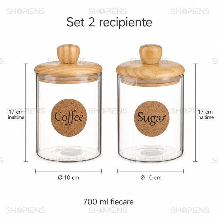 Set 2 borcane cafea si zahar din sticla transparenta, 700 ml, Shopiens