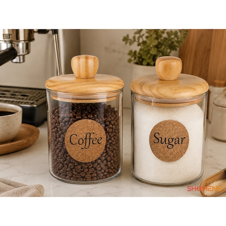 Set 2 borcane cafea si zahar din sticla transparenta, 700 ml, Shopiens