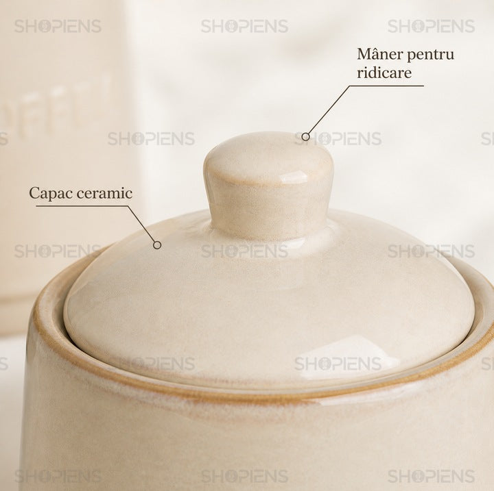 Set 2 borcane ceramice cafea si zahar, 300 ml, bej rustic, Shopiens