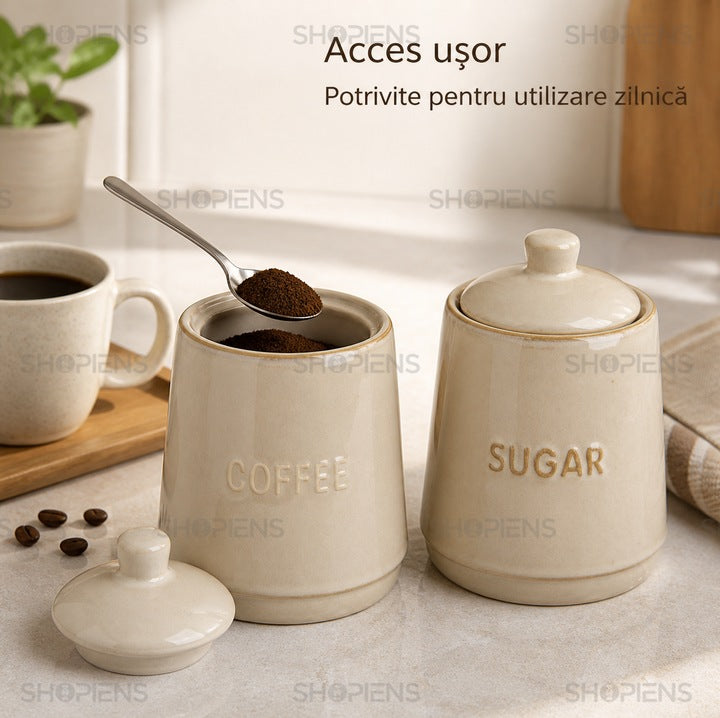 Set 2 borcane ceramice cafea si zahar, 300 ml, bej rustic, Shopiens