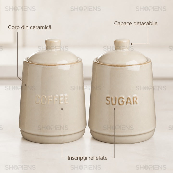 Set 2 borcane ceramice cafea si zahar, 300 ml, bej rustic, Shopiens