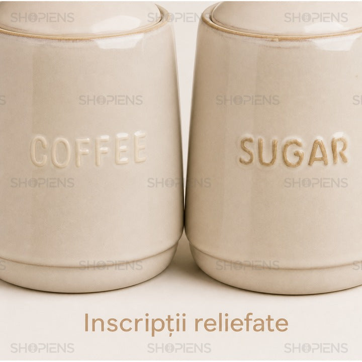 Set 2 borcane ceramice cafea si zahar, 300 ml, bej rustic, Shopiens
