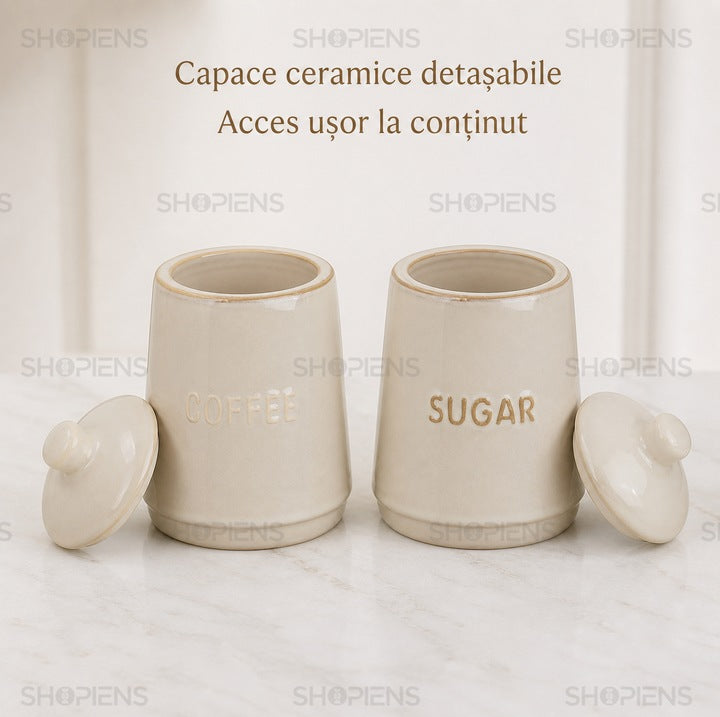 Set 2 borcane ceramice cafea si zahar, 300 ml, bej rustic, Shopiens