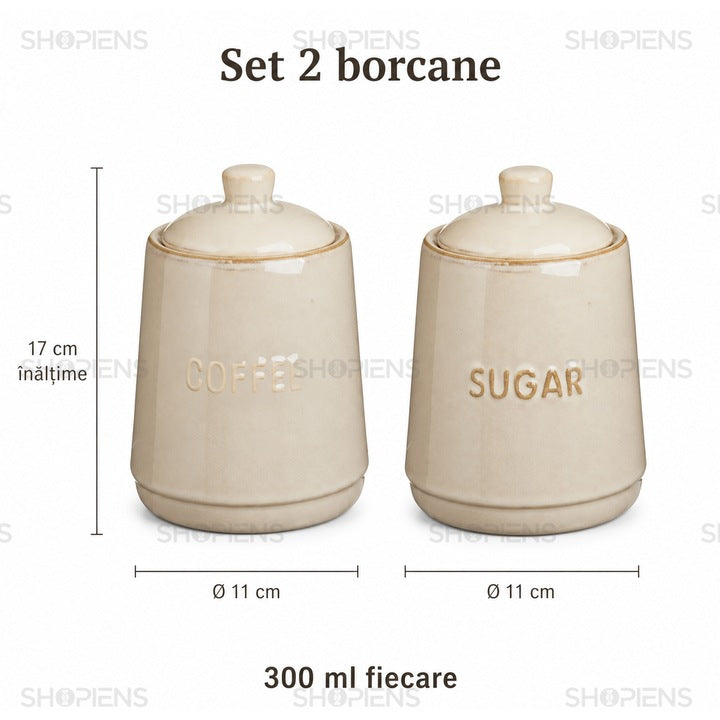 Set 2 borcane ceramice cafea si zahar, 300 ml, bej rustic, Shopiens