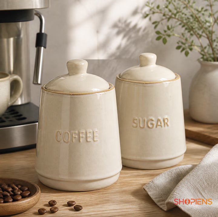 Set 2 borcane ceramice cafea si zahar, 300 ml, bej rustic, Shopiens