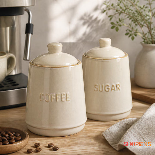 Set 2 borcane ceramice cafea si zahar, 300 ml, bej rustic, Shopiens