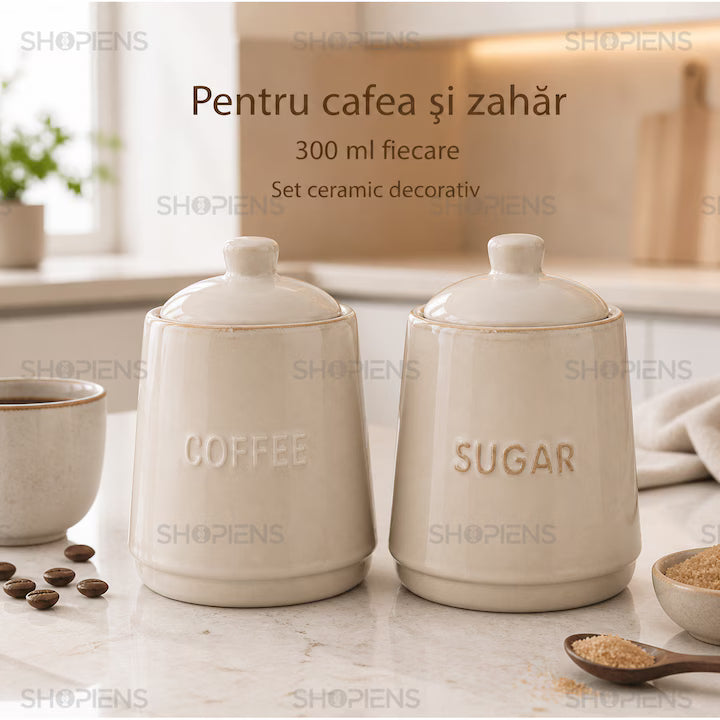 Set 2 borcane ceramice cafea si zahar, 300 ml, bej rustic, Shopiens