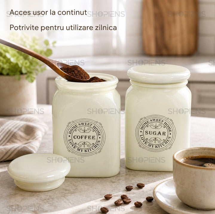 Set 2 borcane cafea si zahar din sticla ecru, 0.9 L, Shopiens