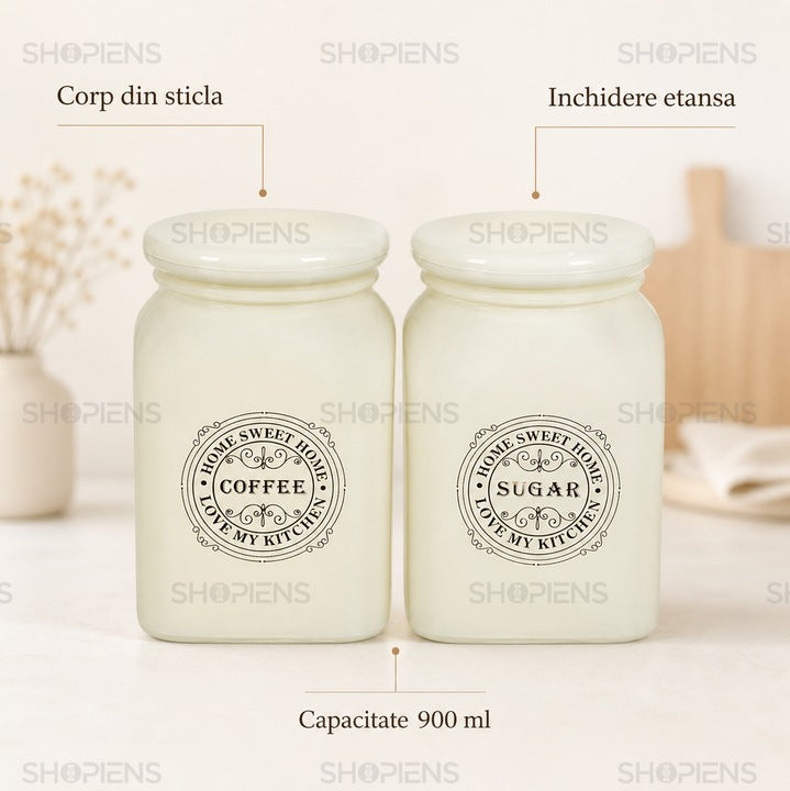 Set 2 borcane cafea si zahar din sticla ecru, 0.9 L, Shopiens