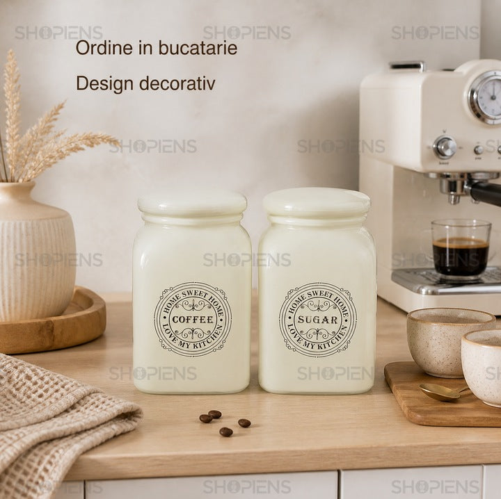 Set 2 borcane cafea si zahar din sticla ecru, 0.9 L, Shopiens