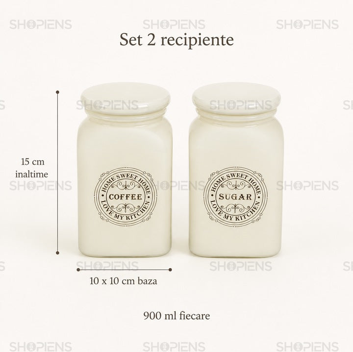 Set 2 borcane cafea si zahar din sticla ecru, 0.9 L, Shopiens