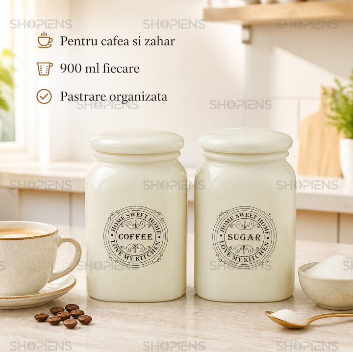 Set 2 borcane cafea si zahar din sticla ecru, 0.9 L, Shopiens