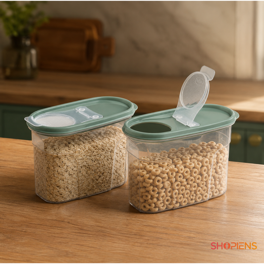 Set 2 recipiente depozitare alimente, cu dozator pentru cereale si paste, 1.2l, plastic
