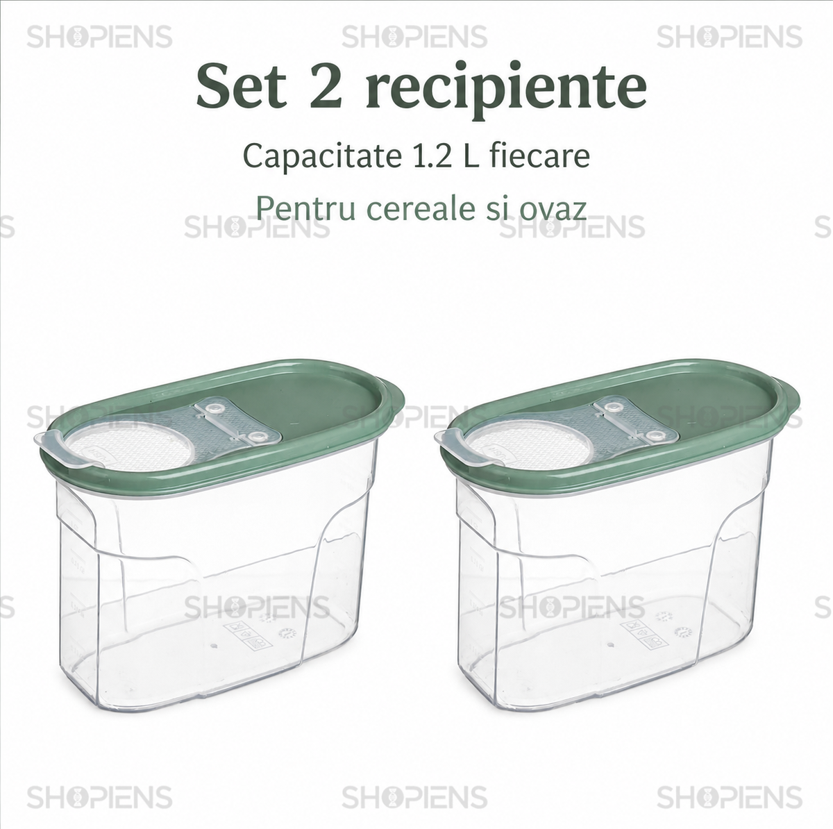 Set 2 recipiente depozitare alimente, cu dozator pentru cereale si paste, 1.2l, plastic