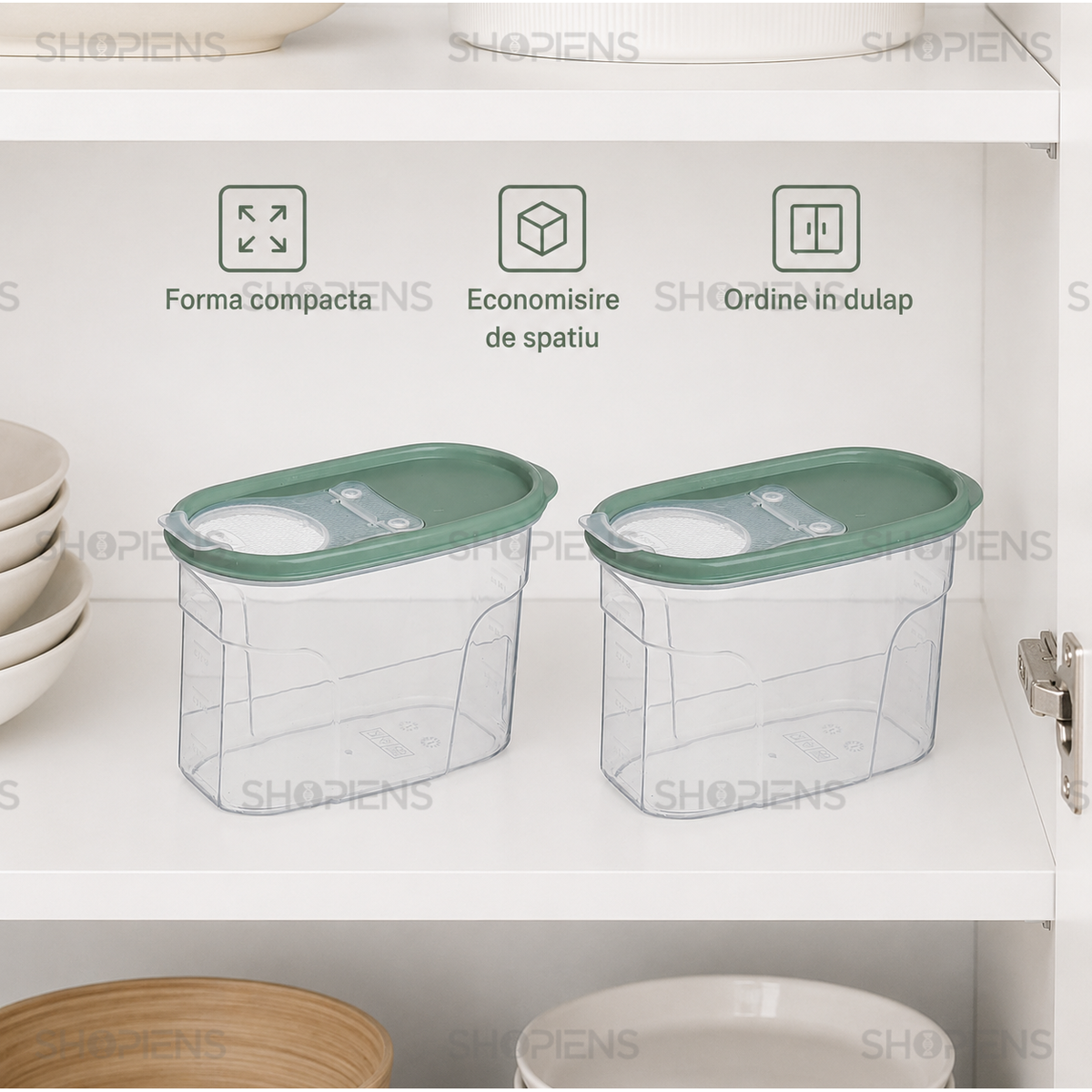 Set 2 recipiente depozitare alimente, cu dozator pentru cereale si paste, 1.2l, plastic