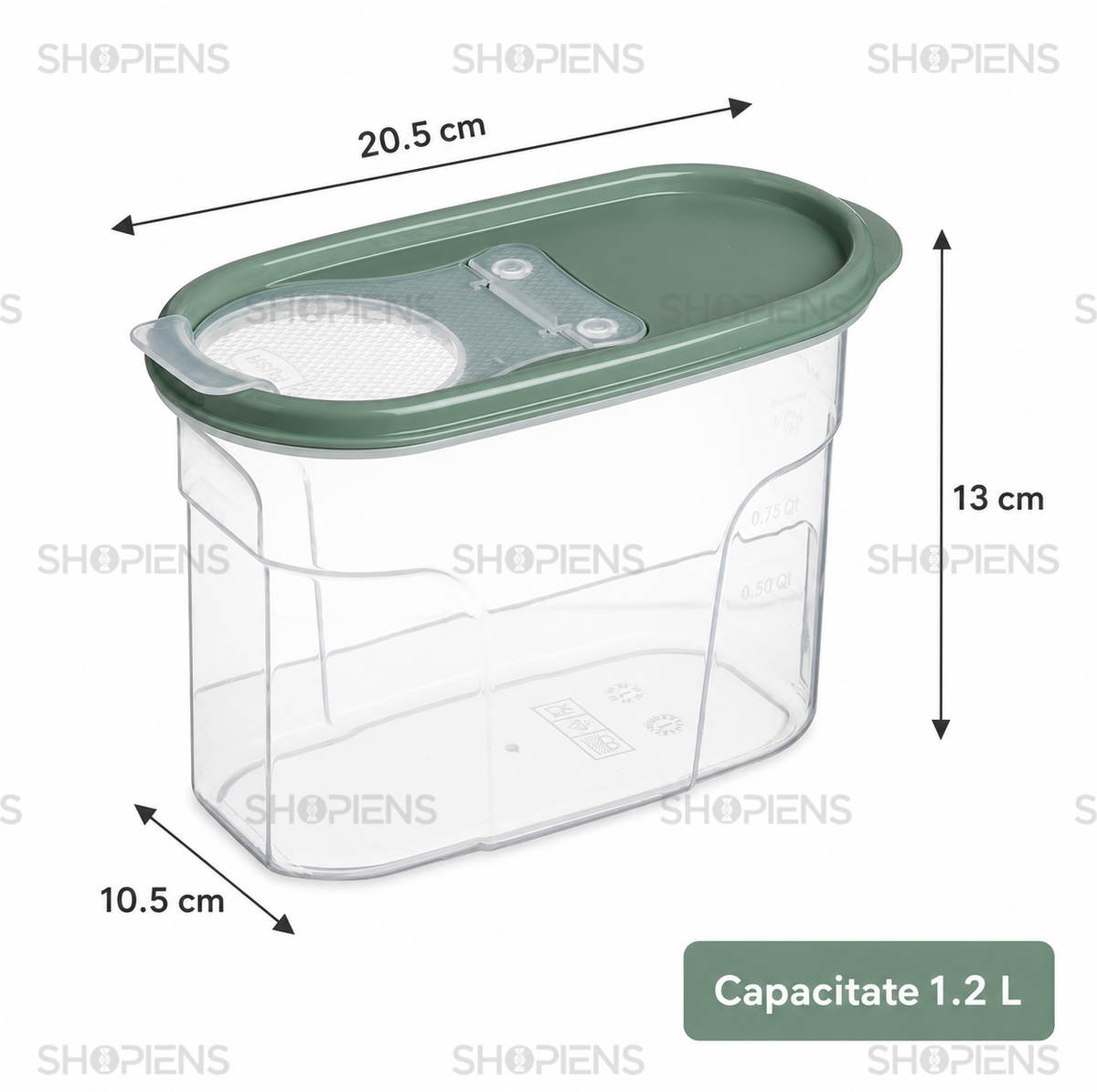 Set 2 recipiente depozitare alimente, cu dozator pentru cereale si paste, 1.2l, plastic