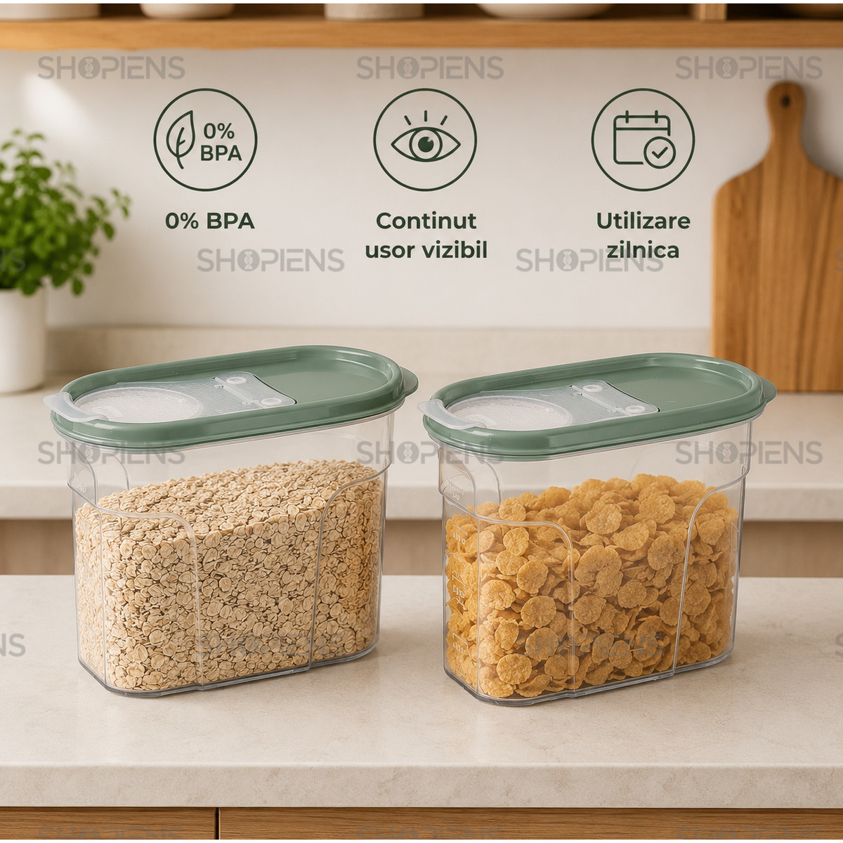 Set 2 recipiente depozitare alimente, cu dozator pentru cereale si paste, 1.2l, plastic