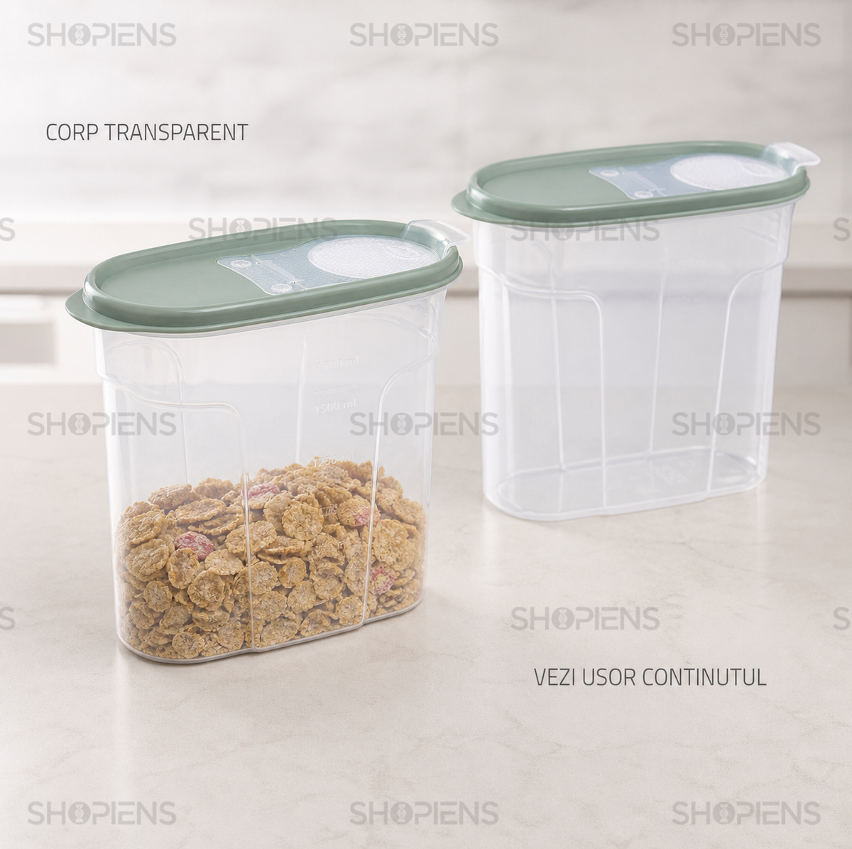 Set 2 recipiente depozitare alimente, inalte pentru alimente uscate, 1.7l, plastic
