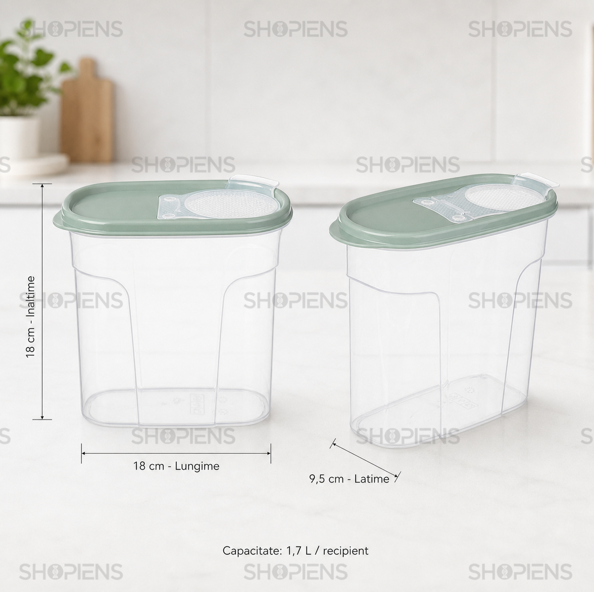 Set 2 recipiente depozitare alimente, inalte pentru alimente uscate, 1.7l, plastic