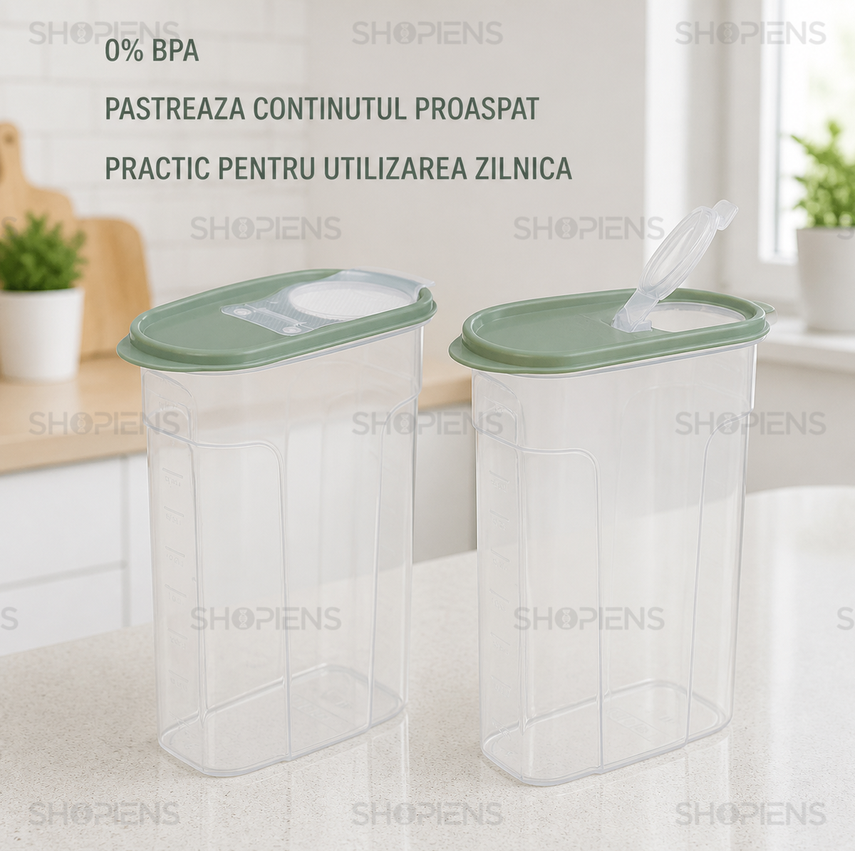 Set 2 recipiente depozitare alimente, inalte pentru alimente uscate, 2.4l, plastic